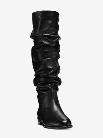 Schwarze flache Damenstiefel runde Zehenpartie geraffte Kniehohe Stiefel