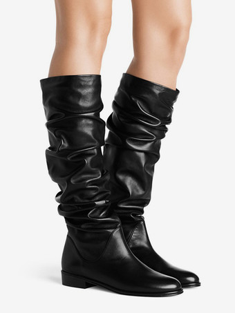 Schwarze flache Damenstiefel runde Zehenpartie geraffte Kniehohe Stiefel