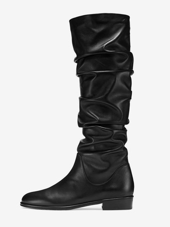 SchwarzSchwarze flache Damenstiefel runde Zehenpartie geraffte Kniehohe Stiefel