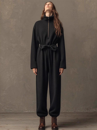 ブラック ミニマリストスタイルのブラックジップアップベルト付きジャンプスーツ（レディース）2026