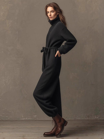 ミニマリストスタイルのブラックジップアップベルト付きジャンプスーツ（レディース）2026