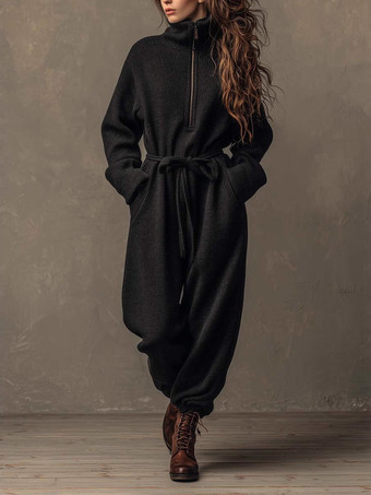 ミニマリストスタイルのブラックジップアップベルト付きジャンプスーツ（レディース）2026