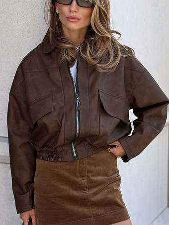 フェイクレザーのターンダウンカラーヴィンテージジャケット（レディース）2026