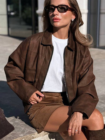 ブラウン フェイクレザーのターンダウンカラーヴィンテージジャケット（レディース）2026