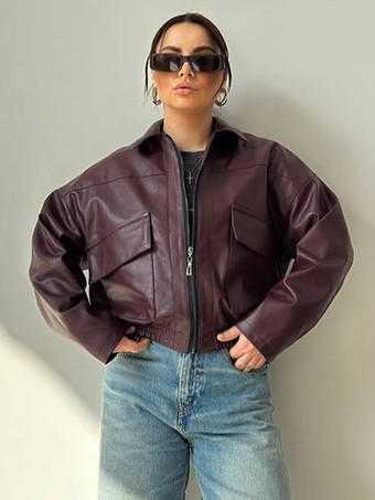 ダークレッドフェイクレザーのターンダウンカラーヴィンテージジャケット（レディース）2026