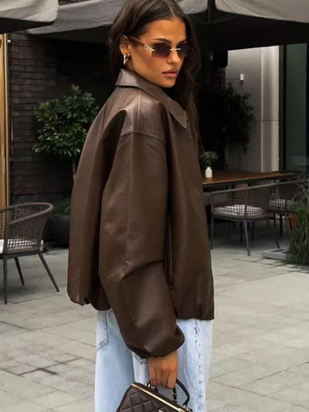 ブラウンのフェイクレザーレトロジャケット（レディース）2025