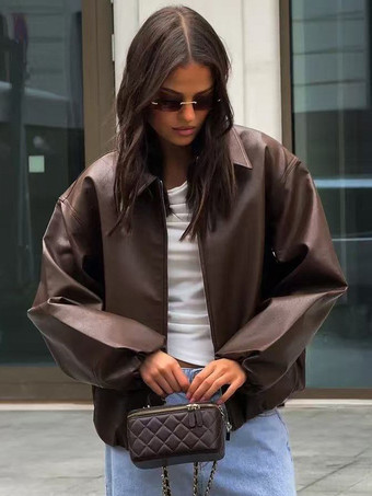 ブラウンのフェイクレザーレトロジャケット（レディース）2025