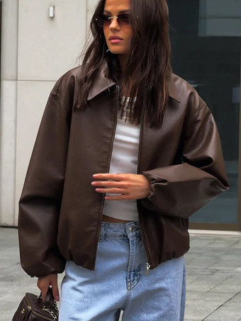 ブラウン ブラウンのフェイクレザーレトロジャケット（レディース）2025