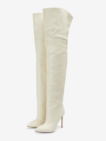 ホワイト サイハイブーツ プラスサイズ ポインテッドトゥ ハイヒール オーバーニーブーツ