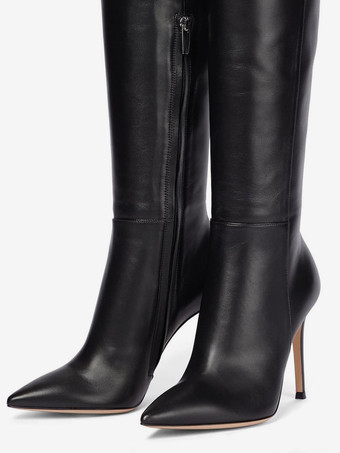 Schwarze Overknee-Stiefel in Übergröße spitze Zehenpartie hoher Absatz Oberschenkelhoch