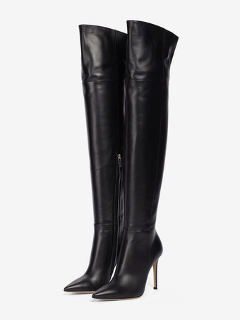 ブラックのオーバーニーブーツ プラスサイズ ポインテッドトゥ ハイヒール サイハイブーツ