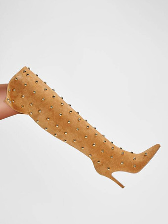 スエードのオーバーニーブーツ、ポインテッドトゥ、ビーズ付きハイヒール、サイハイブーツ