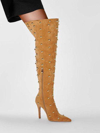 スエードのオーバーニーブーツ、ポインテッドトゥ、ビーズ付きハイヒール、サイハイブーツ