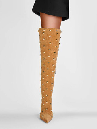 スエードのオーバーニーブーツ、ポインテッドトゥ、ビーズ付きハイヒール、サイハイブーツ