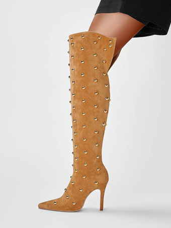 スエードのオーバーニーブーツ、ポインテッドトゥ、ビーズ付きハイヒール、サイハイブーツ