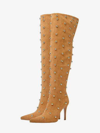 イエロースエードのオーバーニーブーツ、ポインテッドトゥ、ビーズ付きハイヒール、サイハイブーツ