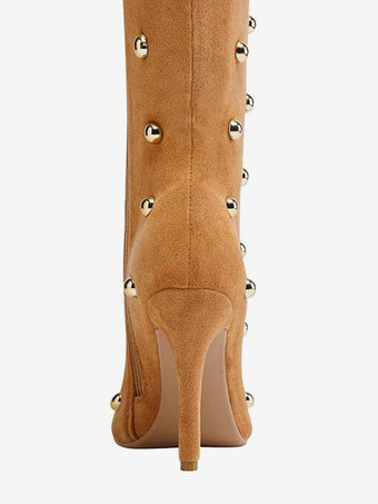 スエードのオーバーニーブーツ、ポインテッドトゥ、ビーズ付きハイヒール、サイハイブーツ