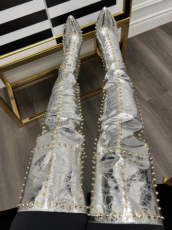 シルバー 黒のセクシーなブーツ、ビーズ付きポインテッドトゥ、太もも丈、ニーハイブーツ