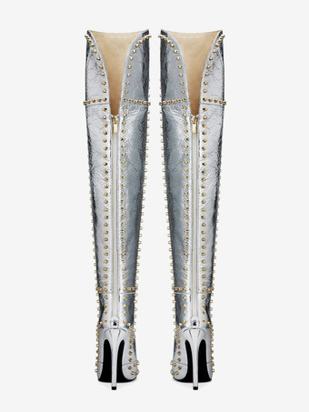 黒のセクシーなブーツ、ビーズ付きポインテッドトゥ、太もも丈、ニーハイブーツ