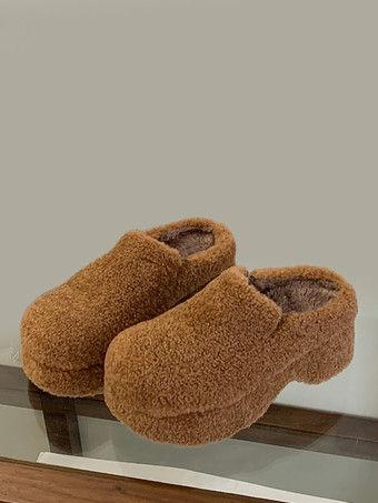 ブラウンレディースクロッグ フェイクファー ラウンドトゥ バックレス 冬用スライド