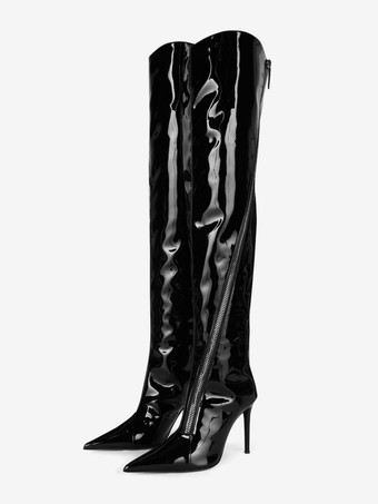 SchwarzSchwarze Overknee-Stiefel mit spitzer Zehenpartie und Reißverschlussdetail