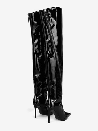 Schwarze Overknee-Stiefel mit spitzer Zehenpartie und Reißverschlussdetail