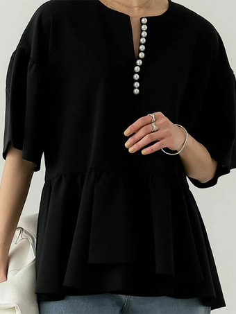 ブラック カジュアルジュエルネックホワイト半袖プリーツパールトップシャツ＆ブラウストップスレディースファッション