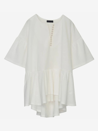 カジュアルジュエルネックホワイト半袖プリーツパールトップシャツ＆ブラウストップスレディースファッション