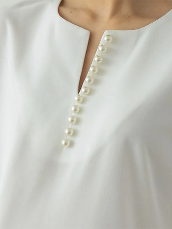 カジュアルジュエルネックホワイト半袖プリーツパールトップシャツ＆ブラウストップスレディースファッション