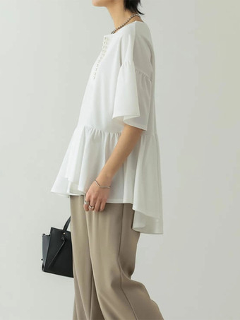 カジュアルジュエルネックホワイト半袖プリーツパールトップシャツ＆ブラウストップスレディースファッション