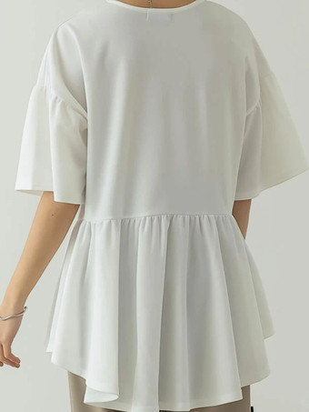 カジュアルジュエルネックホワイト半袖プリーツパールトップシャツ＆ブラウストップスレディースファッション