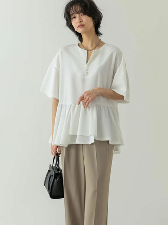 カジュアルジュエルネックホワイト半袖プリーツパールトップシャツ＆ブラウストップスレディースファッション