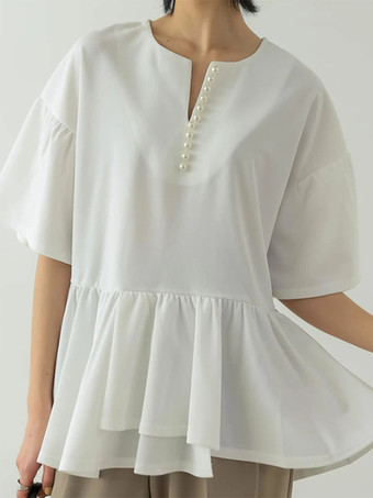 カジュアルジュエルネックホワイト半袖プリーツパールトップシャツ＆ブラウストップスレディースファッション