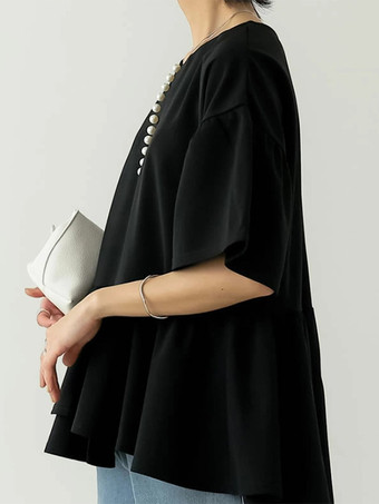 カジュアルジュエルネックホワイト半袖プリーツパールトップシャツ＆ブラウストップスレディースファッション