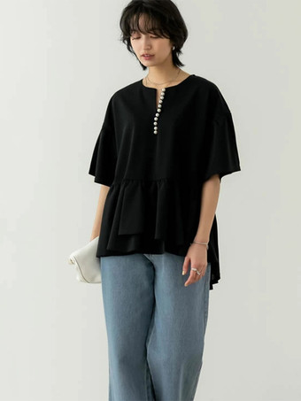 カジュアルジュエルネックホワイト半袖プリーツパールトップシャツ＆ブラウストップスレディースファッション