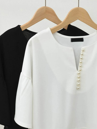 カジュアルジュエルネックホワイト半袖プリーツパールトップシャツ＆ブラウストップスレディースファッション