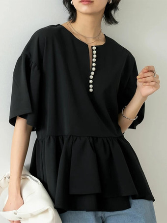 カジュアルジュエルネックホワイト半袖プリーツパールトップシャツ＆ブラウストップスレディースファッション