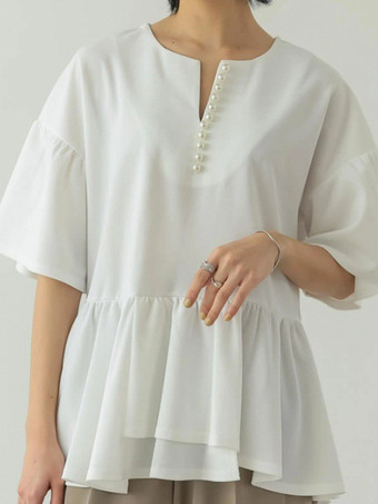 ホワイト カジュアルジュエルネックホワイト半袖プリーツパールトップシャツ＆ブラウストップスレディースファッション