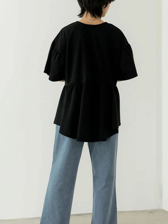 カジュアルジュエルネックホワイト半袖プリーツパールトップシャツ＆ブラウストップスレディースファッション