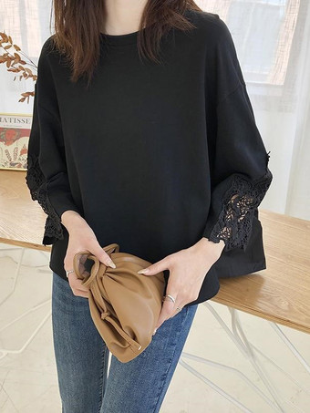 ブラック カジュアル ジュエルネック ブラック 7分袖 カラーブロック レーストップ Tシャツ トップス レディース ファッション