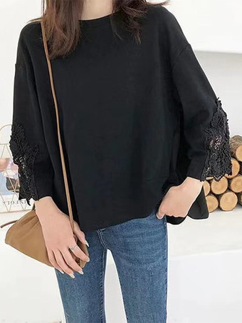 カジュアル ジュエルネック ブラック 7分袖 カラーブロック レーストップ Tシャツ トップス レディース ファッション