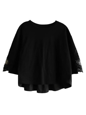 カジュアル ジュエルネック ブラック 7分袖 カラーブロック レーストップ Tシャツ トップス レディース ファッション
