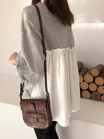 グレイカジュアル ジュエルネック ブラック 7分袖 カラーブロック レーストップ Tシャツ トップス レディース ファッション