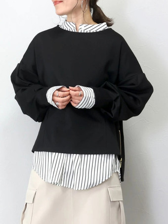 ブラック カジュアル ジュエルネック ブラック 長袖 ハイローデザイン スプリットフロントトップ スウェットシャツ/パーカー トップス レディース ファッション