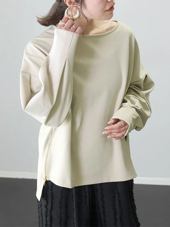 カジュアル ジュエルネック ブラック 長袖 ハイローデザイン スプリットフロントトップ スウェットシャツ/パーカー トップス レディース ファッション