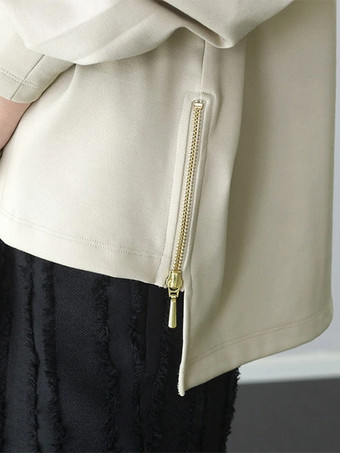 カジュアル ジュエルネック ブラック 長袖 ハイローデザイン スプリットフロントトップ スウェットシャツ/パーカー トップス レディース ファッション