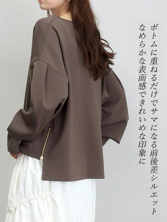 カジュアル ジュエルネック ブラック 長袖 ハイローデザイン スプリットフロントトップ スウェットシャツ/パーカー トップス レディース ファッション