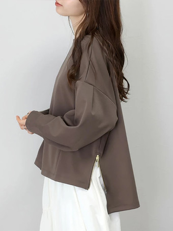 カジュアル ジュエルネック ブラック 長袖 ハイローデザイン スプリットフロントトップ スウェットシャツ/パーカー トップス レディース ファッション