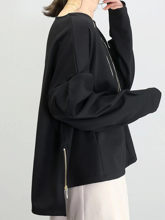 カジュアル ジュエルネック ブラック 長袖 ハイローデザイン スプリットフロントトップ スウェットシャツ/パーカー トップス レディース ファッション