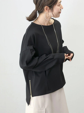 カジュアル ジュエルネック ブラック 長袖 ハイローデザイン スプリットフロントトップ スウェットシャツ/パーカー トップス レディース ファッション